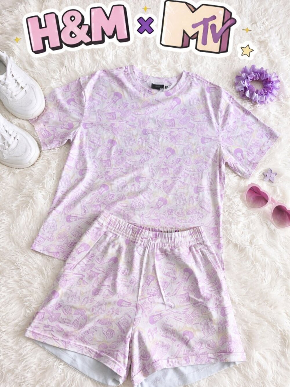 H&M x MTV White High Waisted Shorts Purple Logo Graphic Lounge Casual Small